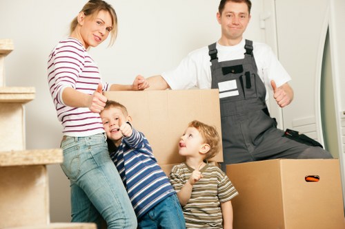 Prepared office boxes and furniture ready for relocation in Hackney